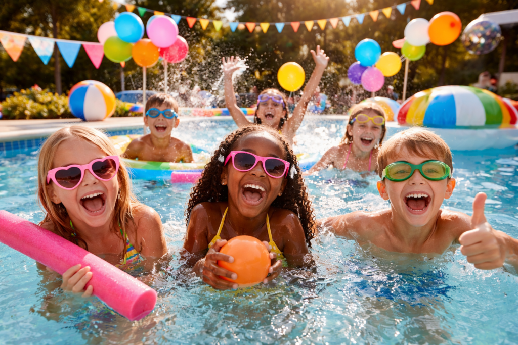 Group of happy children wearing sunglasses and playing with pool noodles and balls in a colorful swimming pool during a birthday party.