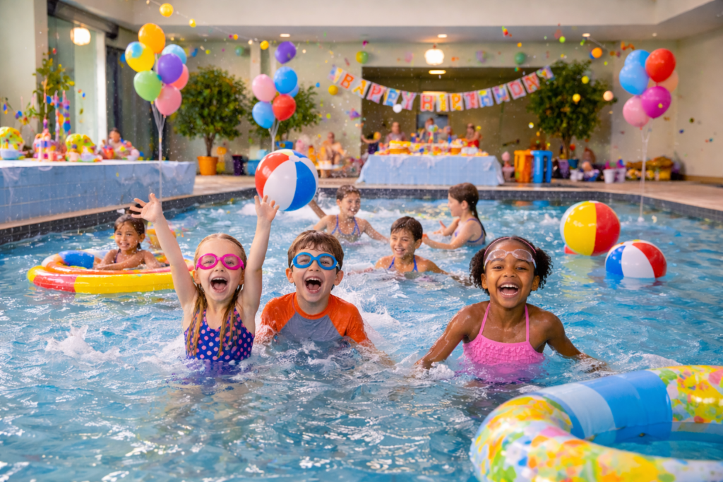 Kids enjoying a supervised indoor pool birthday party with balloons and games.